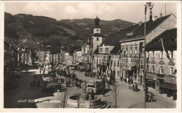 ** T1 Leoben, Adolf Hitler Platz, Buchbinderei A. Krall, Singer / Square, Autobus, Automobiles, Shops - Unclassified