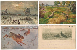 ** 4 Db RÉGI Vadász Motívum Képeslap: Mezei Nyúl / 4 Pre-1945 Hunting Motive Postcards: Rabbits - Unclassified