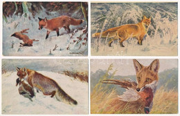 ** 4 Db RÉGI Vadász Motívum Képeslap: Róka / 4 Pre-1945 Hunting Motive Postcards: Fox - Unclassified