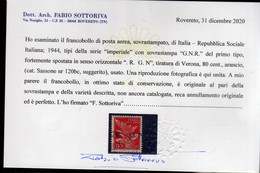 ITALIA REGNO ITALY KINGDOM 1944 VARIETÀ VARIETY REPUBBLICA SOCIALE GNR POSTA AEREA CENT. 80c USATO USED OBLITERE' - Posta Aerea