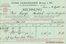 Neuss Neuß 1912 A5 Deko Rechnung " Gebr. Derendorf Sauerkrautfabriken " Dokument - Levensmiddelen