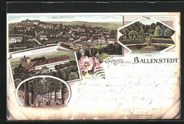 Lithographie Ballenstedt / Harz, Gesamtansicht, Schloss, Allee Mit Spaziergängern, Schlosspark Mit Weiher - Ballenstedt