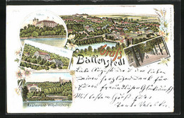 Lithographie Ballenstedt / Harz, Restaurant Wilhelmsburg, Gesamtansicht, Schloss, Villa Friede, Allee - Ballenstedt