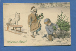 Vienne Viennoise 394 Carte Postale Illustrée SCHUBERT Bonne Année Enfants Luge Houx Sapin Scie Chien - Schubert