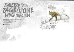 POLAND, 2021, FDC, EUROPA, ENDANGERED SPECIES, FELINES, LYNX,1v ON FDC - 2021