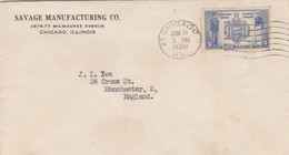 COVER. US. FDC. 9 JUN 38. SAVAGE MANUFACTURING C° CHICAGO TO ENGLAND - 1851-1940