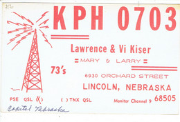 Old QSL Card From KPH 0703, Lawrence & Vi Kiser, Orchard Street, Lincoln, Nebraska, USA (Sep 1970) - CB