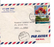 Lettre Du Cambodge Pour Paris De 1972, Par Avion, 2 Timbres, Avec Censure Khmère Au Verso. - Sonstige