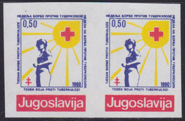 234.Yugoslavia 1990 Surcharge Red Cross Imperforate Pair NO GUM Michel 190 - Imperforates, Proofs & Errors