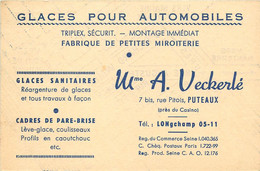 Cartes De Visite - Publicité - Mme A. Veckerlé - Automobile - Glaces Pour Automobiles - Petites Miroiteries - Puteaux - Visitekaartjes