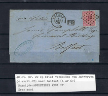 N°20 GESTEMPELD OP BRIEF VAN Antwerpen (04/04/1867) Naar Belfast (06/04/1867). Rugzijde Agleterre Midi IV Ung - 1865-1866 Perfil Izquierdo