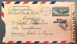 Etats-Unis - Enveloppe De NEW YORK 25.7.1941 Pour Cannes - Censure WK3 - (A1248) - Marcofilia