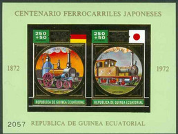 Equatorial Guinea 1972 Japanese Trains Centenary M/sheet 2 Vals (Steam Trains 250+50p) In Gold With Green Background (Mi - Guinea Equatoriale