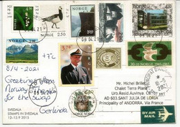 Norway Stamps On Norway Windmill Postcard (Svedala Stamp), Sent To Andorra, With Arrival Postmark - Covers & Documents