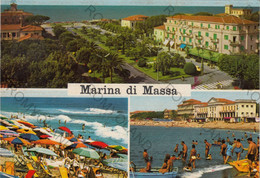 CARTOLINA  MARINA DI MASSA,TOSCANA,SPIAGGIA,MARE,ESTATE,VACANZA,BAGNI,BARCHE A VELA,BAGNI,LIDO,VIAGGIATA 1965 - Massa