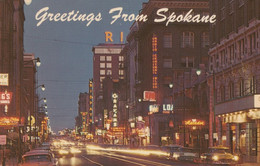 Spokane Washington, Sprague Street Scene At Night, Autos, Business Signs, C1960s Vintage Postcard - Spokane