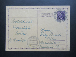 DR Böhmen Und Mähren Hitler Ganzsache Mit Bahnpost Stempel Turnau - Jitschin - Pardubitz Und Violetter Rahmenstempel - Briefe U. Dokumente