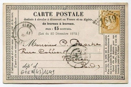 !!! CARTE PRECURSEUR TYPE CERES GC 1649 ET CACHET DE GIEN (LOIRET) 1874 - Precursor Cards