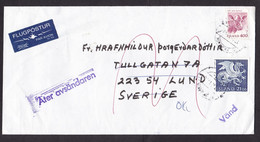 Iceland: Airmail Cover To Sweden, 1993, 2 Stamps, Dragon, Cow, Air Label, Returned, Many Retour Cancels (minor Damage) - Briefe U. Dokumente