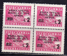 ISTRIA E LITORALE SLOVENO 1947 FRANCOBOLLI DI YUGOSLAVIA LIRE 2 SU 9d QUARTINA BLOCK MNH - Occ. Yougoslave: Littoral Slovène