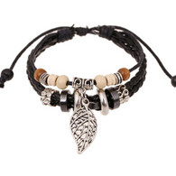 REGOLABILE MULTILAYER NERO ECOPELLE CORDA FOGLIA BRACCIALE GIOIELLI UNISEX B - Armbänder