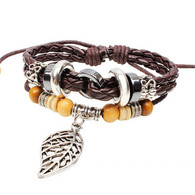 REGOLABILE MULTILAYER MARRONE ECOPELLE CORDA FOGLIA BRACCIALE GIOIELLI UNISEX B - Armbänder