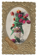 Vase De Tulipes En Médaillon. Dorée, Relief: "Bonne Année" - Nieuwjaar