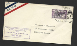 Philippines 1933 24c Airmail Overprint On FDC / Flight Cover Manila - Iloilo , Boxed Purple Cachet - Filippijnen