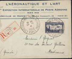 Recommandé Aéronautique Et L'art Expos Internat De Poste Aérienne Paris 1930 CAD 22 11 30 YT PA 6c Perforé EIPA 30 - 1960-.... Lettres & Documents