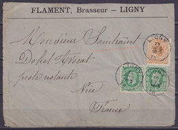 LSC (sans Contenu) "Brasseur Flament" Affr. N°28 + Paire N°30 Càd LIGNY /25 AVRIL 1882 Pour NICE (au Dos: Càd Arrivée NI - 1869-1883 Leopold II