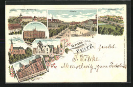 Lithographie Zeitz, Schloss Moritzburg, Altmarkt, Auebrücke, St. Michaelis Kirche - Zeitz