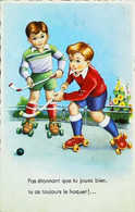 ►  CPA Illustration Couple Enfant Hockey Patin à Roulettes - Patinage Artistique