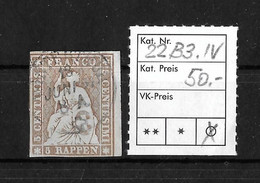 1854-1862 Helvetia (ungezähnt) →  Einkreirundstempel       ►SBK-22B3.IV / Bogenrandstück Rechts◄ - Gebraucht