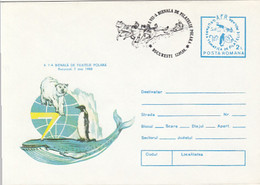 POLAR PHILAELIC EXHIBITION, POLAR BEAR, PENGUIN, WHALE, DOG SLED POSTMAR, COVER STATIONERY, ENTIER POSTAL, 1988, ROMANIA - Événements & Commémorations