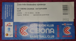 KK CIBONA ZAGREB - RATIOPHARM ULM, ABA LEAGUE 2012/2013, MATCH TICKET - Kleding, Souvenirs & Andere