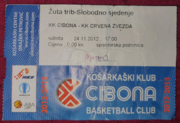 KK CIBONA ZAGREB - KK CRVENA ZVEZDA, ABA LEAGUE 2012/2013, MATCH TICKET - Bekleidung, Souvenirs Und Sonstige