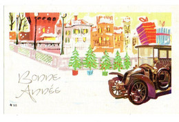 Bonne Année-Nouvel An Mignonnette -- Illustrateur ???   --Ville Sous La Neige  + Vieille Voiture ( Tacot)..à Saisir - Nieuwjaar