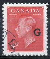 Canada 1950 Single  4c Stamp Overprinted 'G'. In Fine Used - Opdrukken