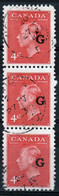 Canada 1950 Strip Of 3 X 4c Stamp Overprinted 'G'. In Fine Used - Overprinted