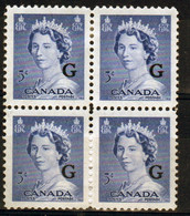 Canada 1955 Block Of Four 5c Stamps Overprinted 'G'. In Mounted Mint - Sobrecargados