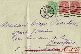 Enveloppe, 1919, De Liège Pour Kinshasa, Redirigée à Matadi, Paire De 10c + 5c, Voir Cachets Au Verso - Ohne Zuordnung