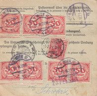 ÖSTERREICH NACHPORTO 1920 - 7 X 50 Heller (Ank82) Nachporto + 40 Pfg + 2 X 2 Mark (Klecksstempel) Auf Paketkarte Gel ... - Errors & Oddities