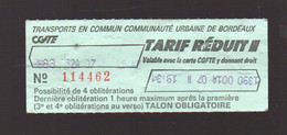 Bordeaux  (33 Gironde)  Ticket CGTE  Tarf Réduit (PPP29060A) - Non Classés