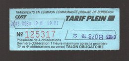 Bordeaux  (33 Gironde)  Ticket CGTE  Tarf Plein  (PPP29060C) - Sin Clasificación
