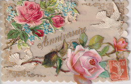 Anniversaire Roses Pigeons Carte Mobile Et Animé R. Française  PORCELAINE PORSELEIN PORCELAIN POSTCARD FANTAISIE FANTASY - Porcelaine