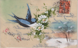 Bonne Année Hirondelle Fleur Carte Décorative PORCELAINE PORSELEIN PORCELAIN POSTCARD FANTAISIE FANTASY - Cartes Porcelaine