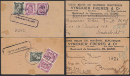 Lot De 2 étiquettes De Colis "Usine Belge De Matériel électrique" (Gand) + Affranch. Mixte & Griffe "Terugbetaling" - 1936-1957 Open Kraag