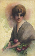 PC CPA C. MONESTIER ARTIST SIGNED LADY WITH PINK ROSES   (b26599) - Monestier, C.
