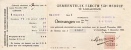 1 DEC 1922 Kwitantie Van Gemeentelijk Electriciteits Bedrijf 's Gravenhage Met Zegel En  Aansluitende Coupon - Fiscaux