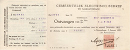 1 JAN 1923 Kwitantie Van Gemeentelijk Electriciteits Bedrijf 's Gravenhage Met Zegel En  Aansluitende Coupon - Fiscaux
